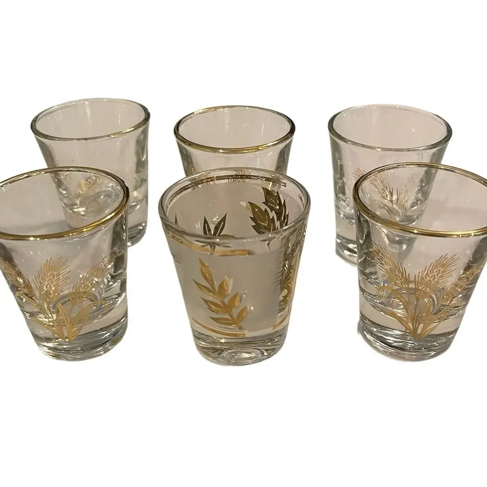 Vintage MCM Shot Glasses Set of 6 Anchor Hocking and Libbey Clear & Gold Wheat